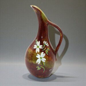 Vintage Ozarks Ceramic Pitcher Brown Green Dogwood Flowers Hand Painted Decor Ho